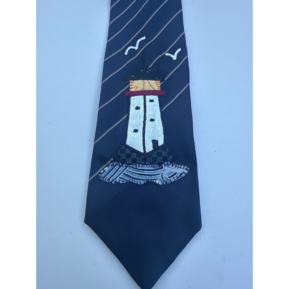 Christian Dior Cravates Mens Vintage Lighthouse Embroidery Navy Pinstripe Tie‎
